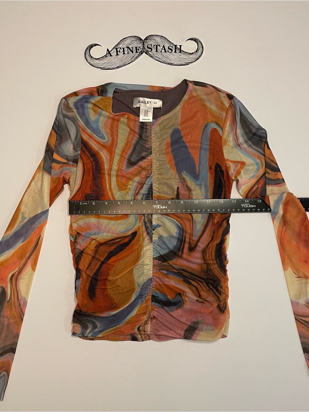 Bailey 44 Women's Extra Small Mesh Top Abstract Marble Swirl Ruched Long Sleeve